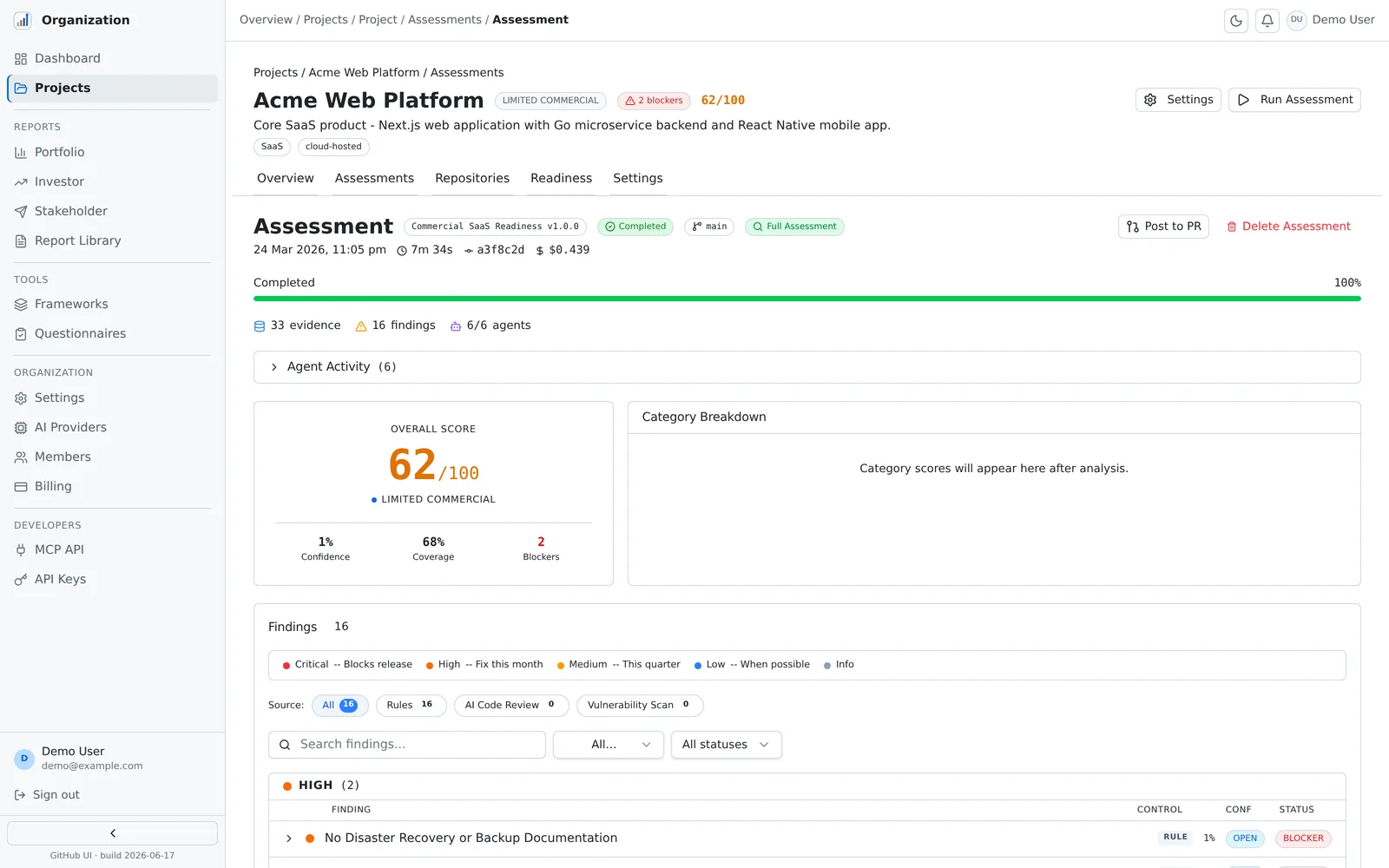 Comreadiness assessment results: overall score 62/100 with blockers, evidence and agent counts, and a findings table grouped by severity with control citations
